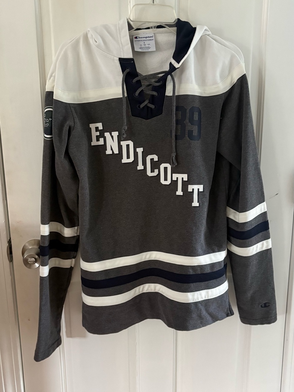 Unisex Endicott College Champion Lace-Up Hockey Hoodie - Gray, White & Navy
